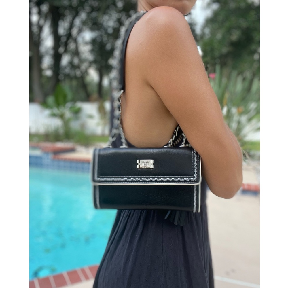 CHANEL Black Leather Chain-Handle Crossbody Bag with Silver Trim